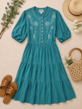 Main Street Embroidered Teal Cottagecore Prairie Dress 1X